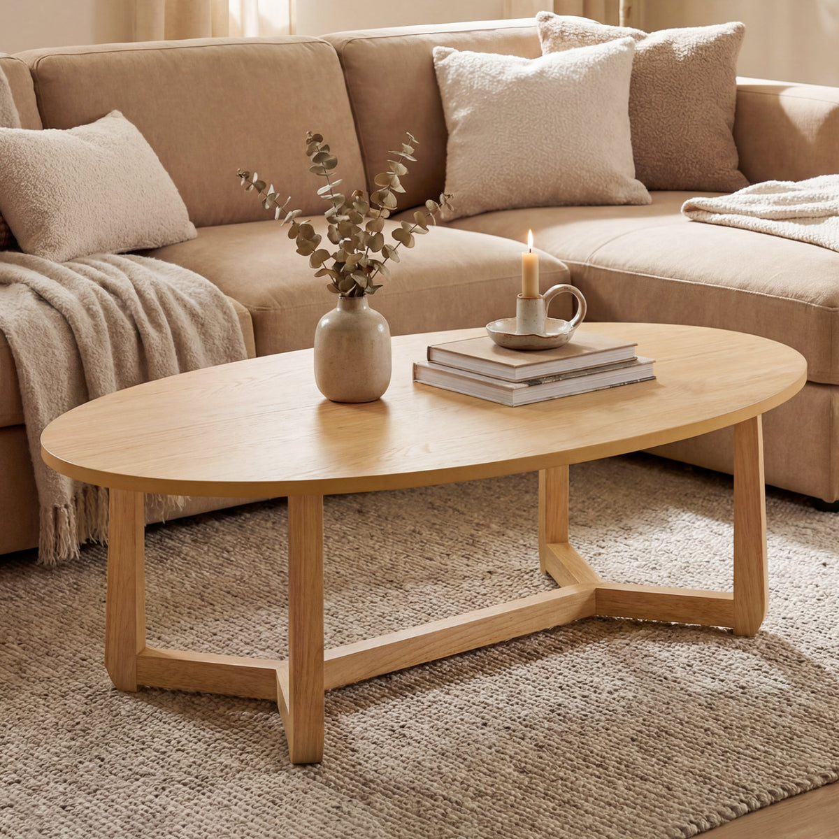 Oval Coffee Table 46 Inches Wooden Accent - Natural