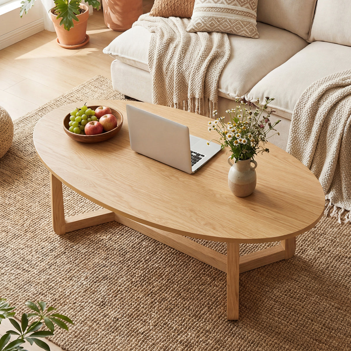 Oval Coffee Table 46 Inches Wooden Accent - Natural