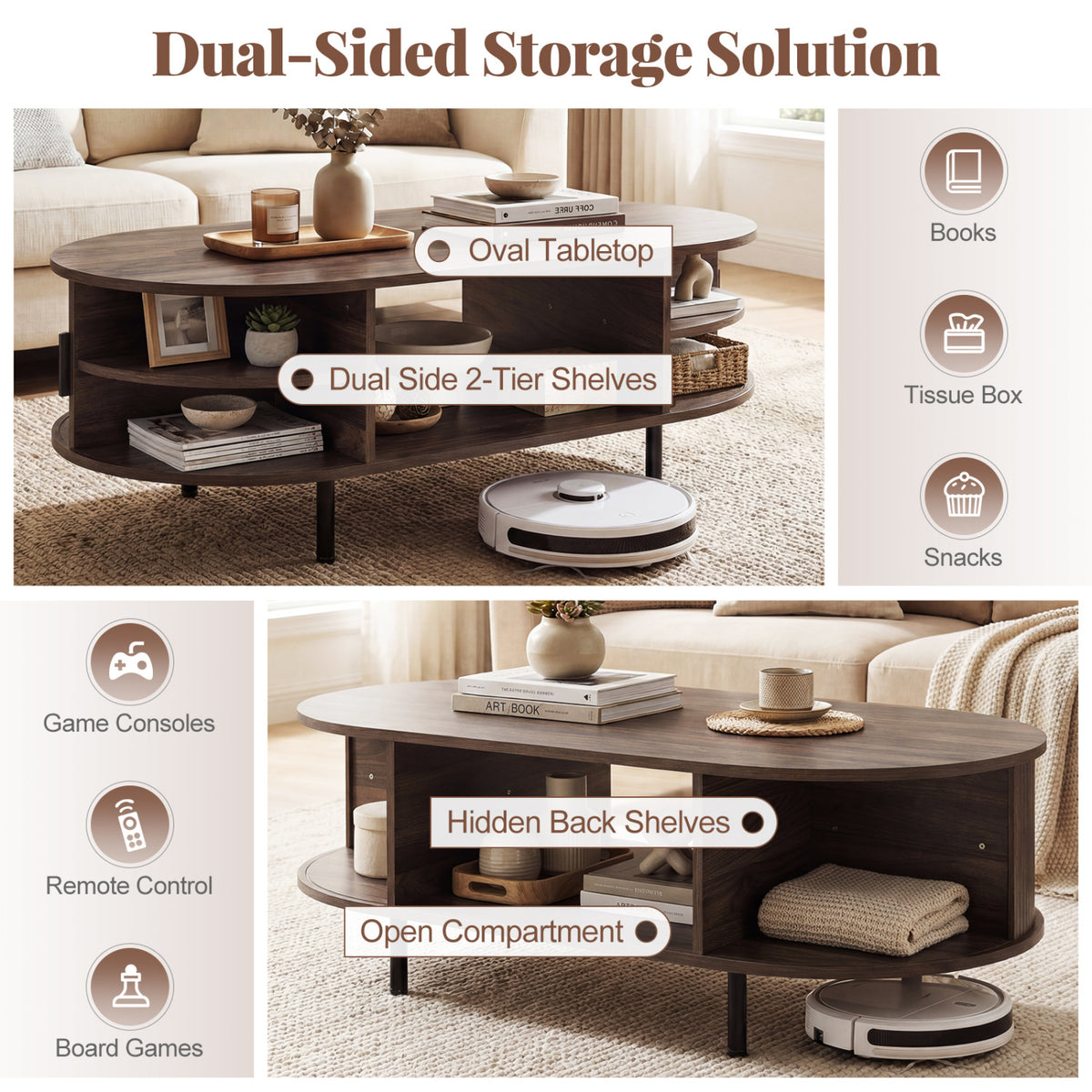 Oval Coffee Table with Storage, Walnut - 47.5in