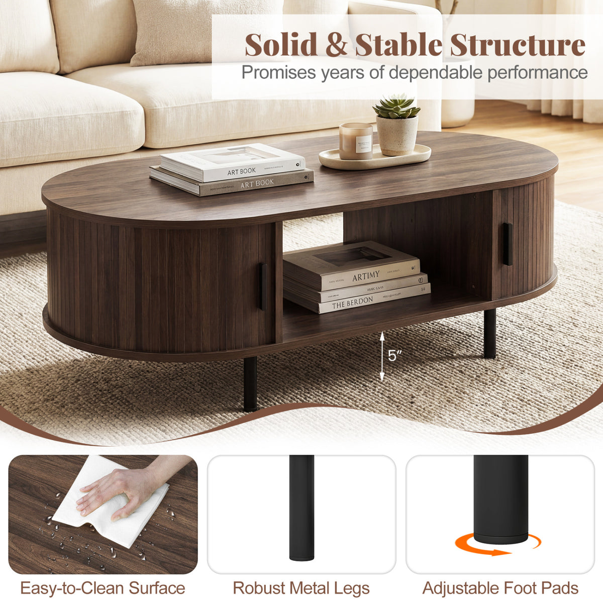 Oval Coffee Table with Storage, Walnut - 47.5in
