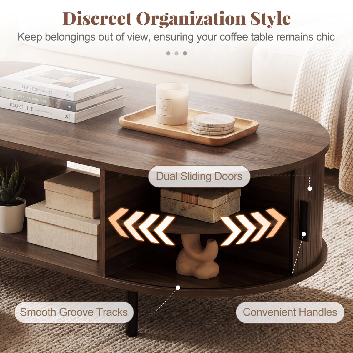 Oval Coffee Table with Storage, Walnut - 47.5in