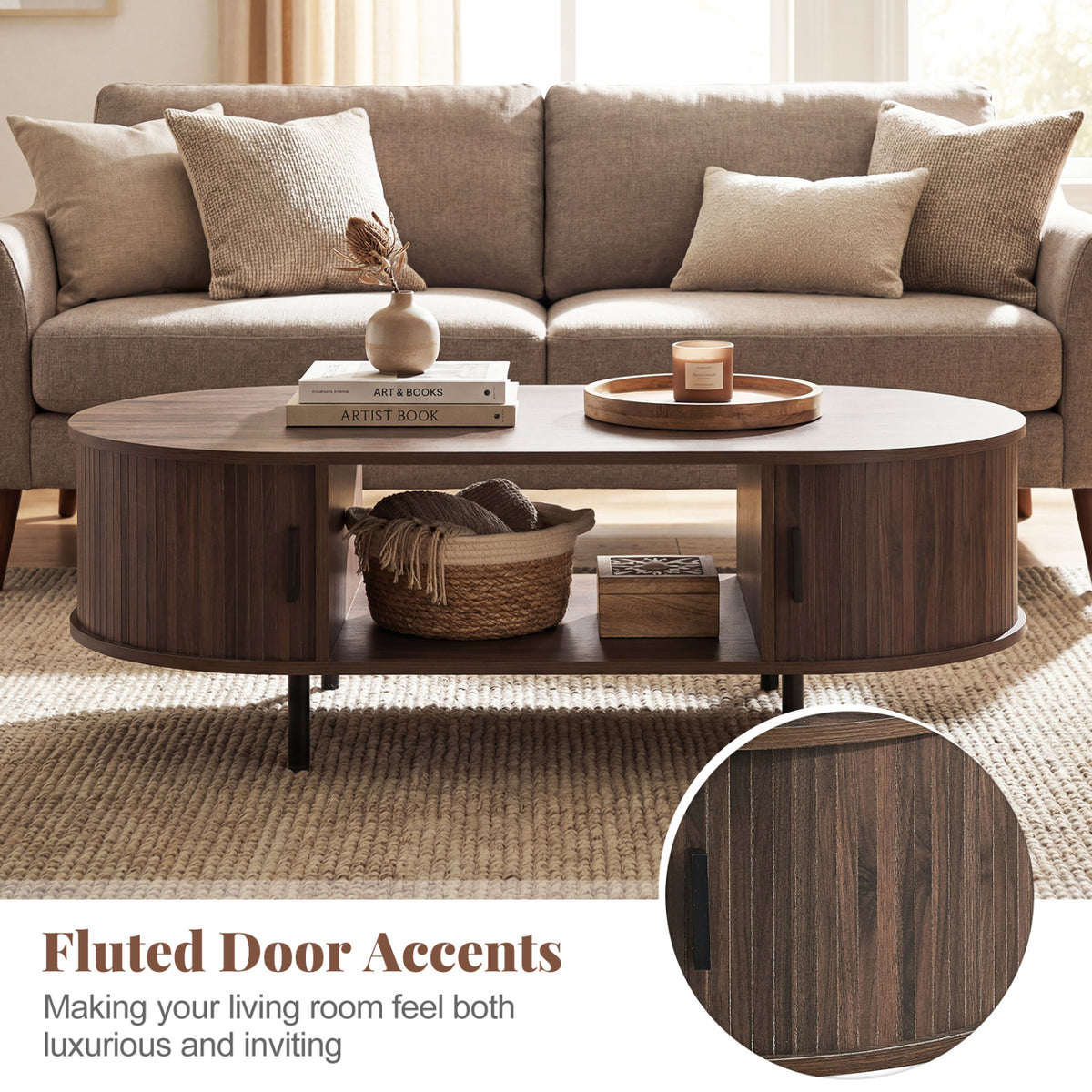 Oval Coffee Table with Storage, Walnut - 47.5in