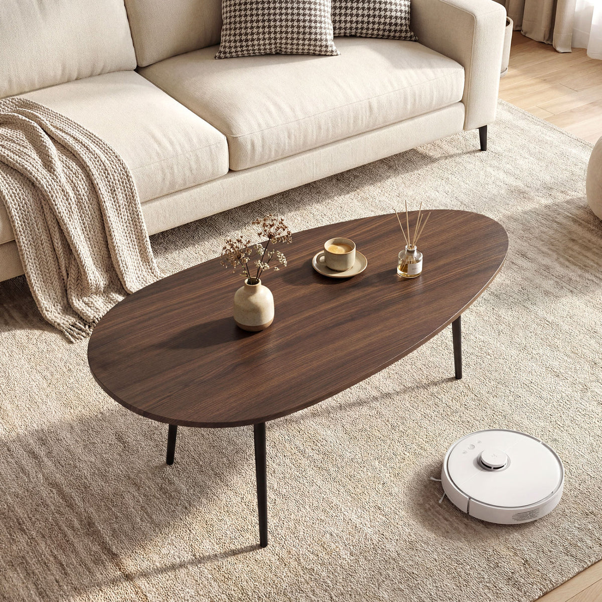 Oval Coffee Table Mid Century with Metal Frame - Walnut