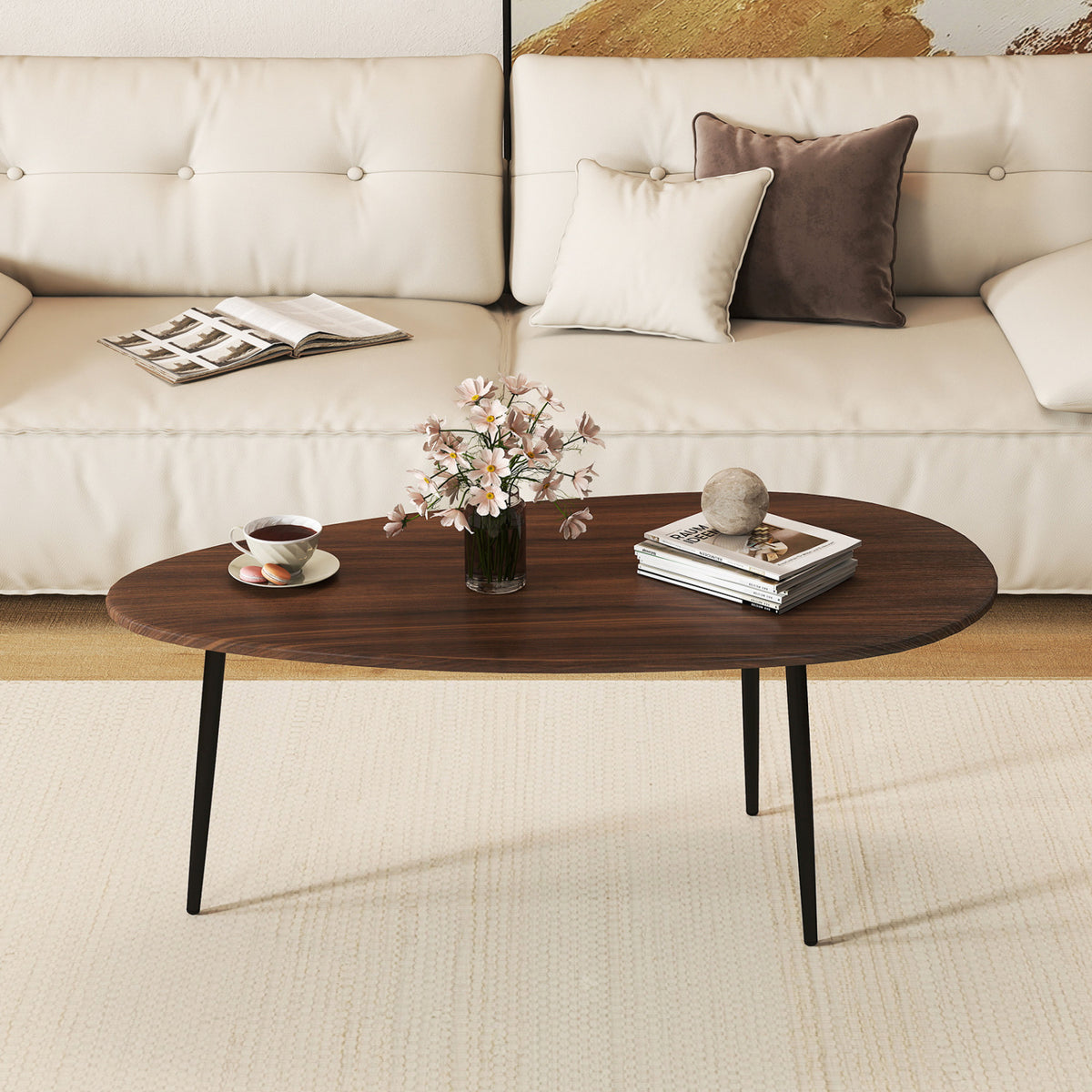 Oval Coffee Table Mid Century with Metal Frame - Walnut