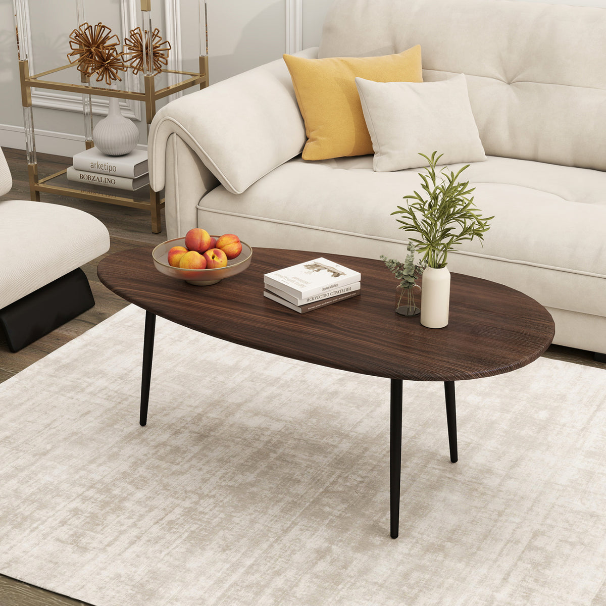 Oval Coffee Table Mid Century with Metal Frame - Walnut
