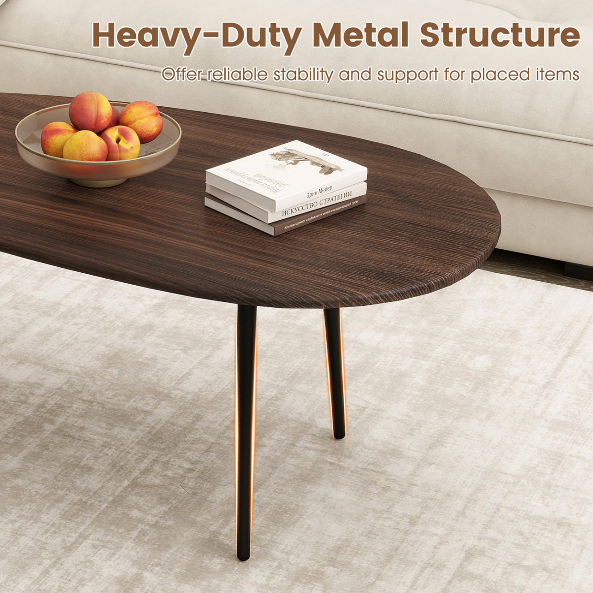 Oval Coffee Table Mid Century with Metal Frame - Walnut