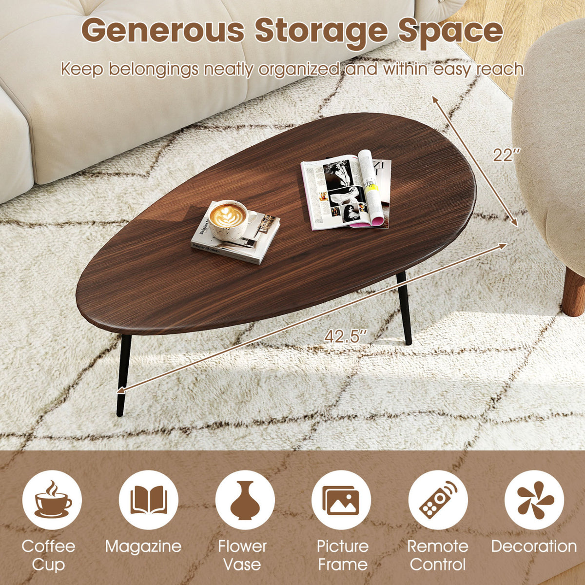 Oval Coffee Table Mid Century with Metal Frame - Walnut