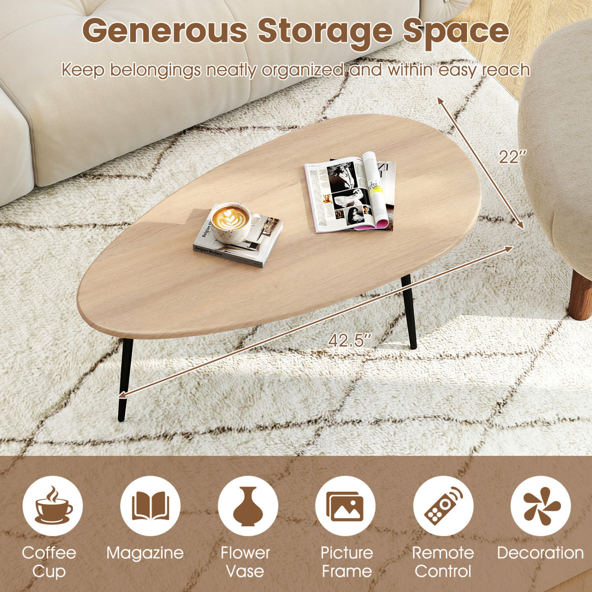 Oval Coffee Table Mid Century Natural - Metal Frame Storage