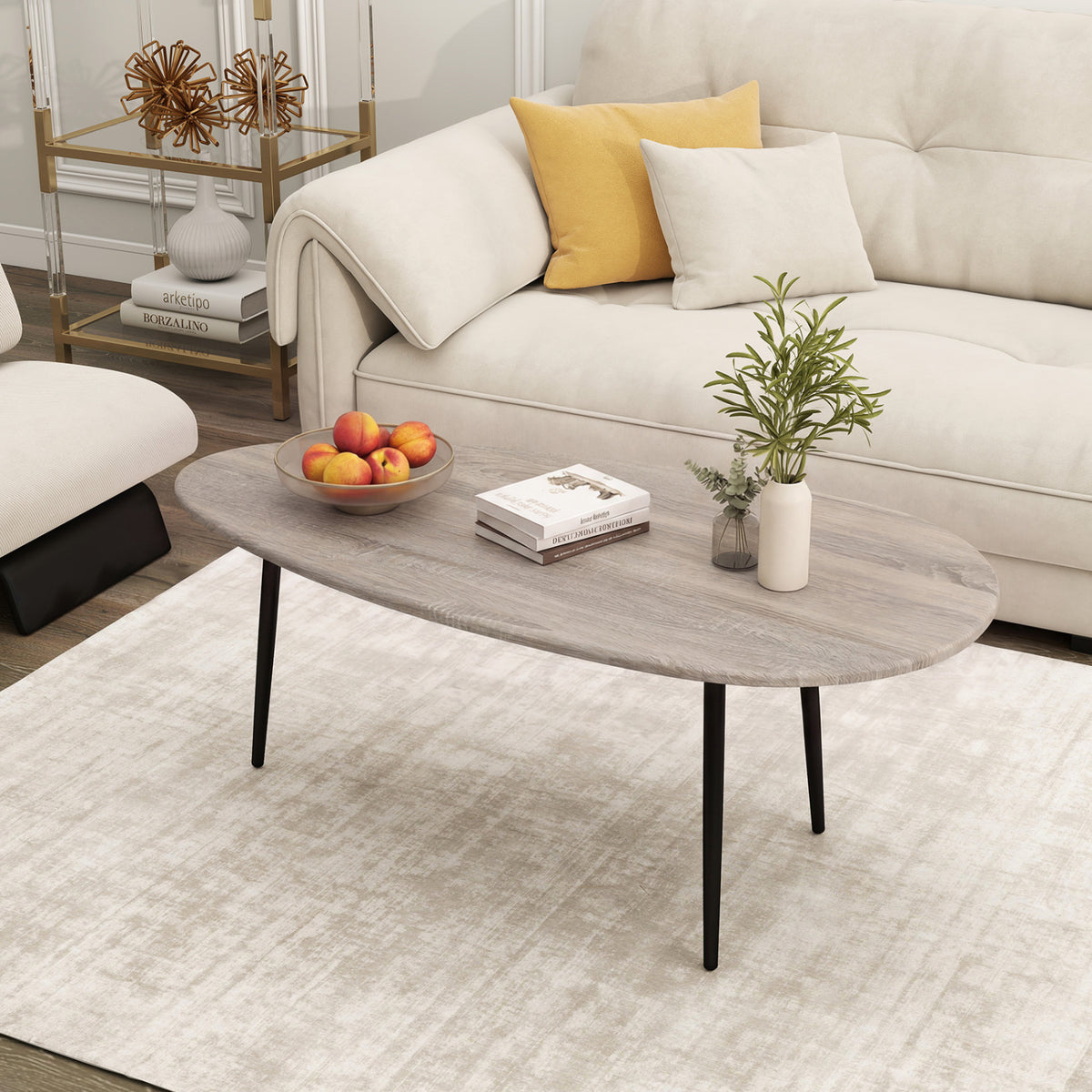 Oval Coffee Table Mid-Century Metal Frame, Gray