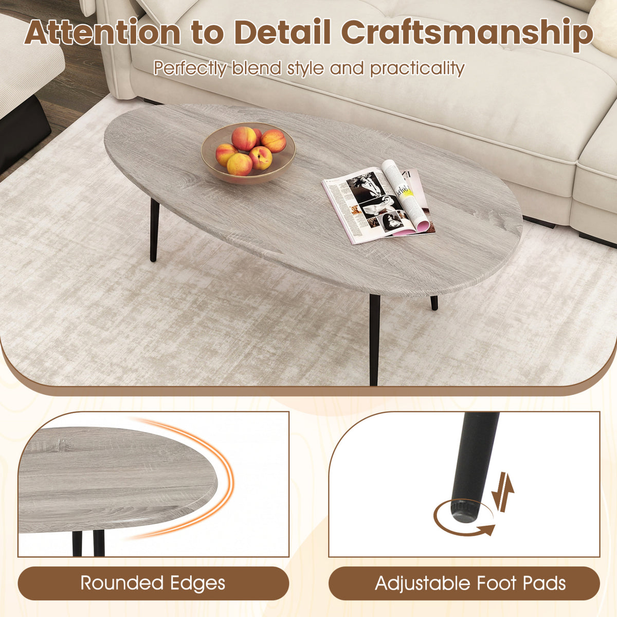 Oval Coffee Table Mid-Century Metal Frame, Gray