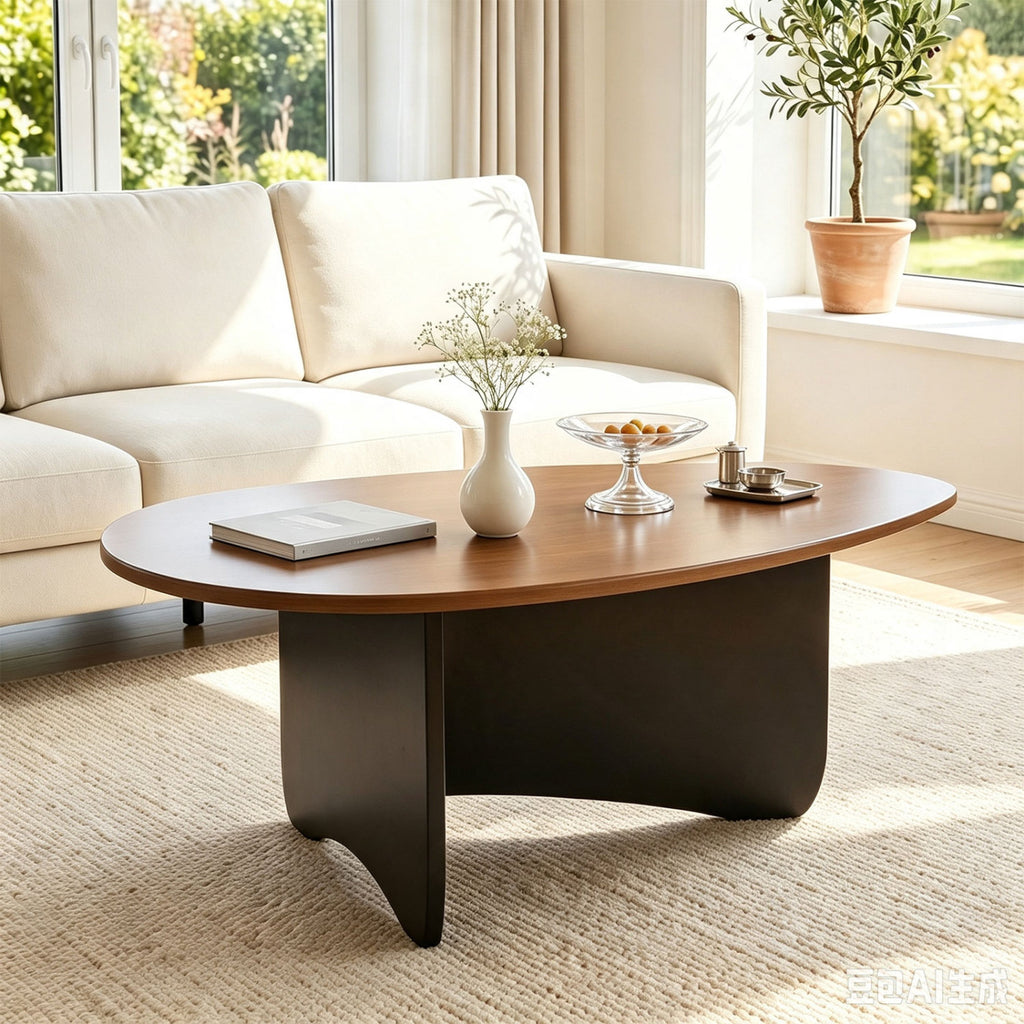 Oval Coffee Table Mid-Century Modern Accent Table, Black T Base