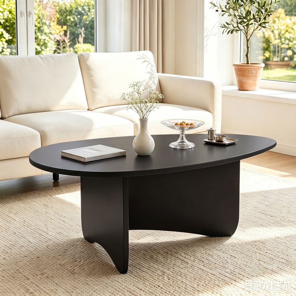 Oval Coffee Table Mid-Century Modern Accent Table, Black T Base