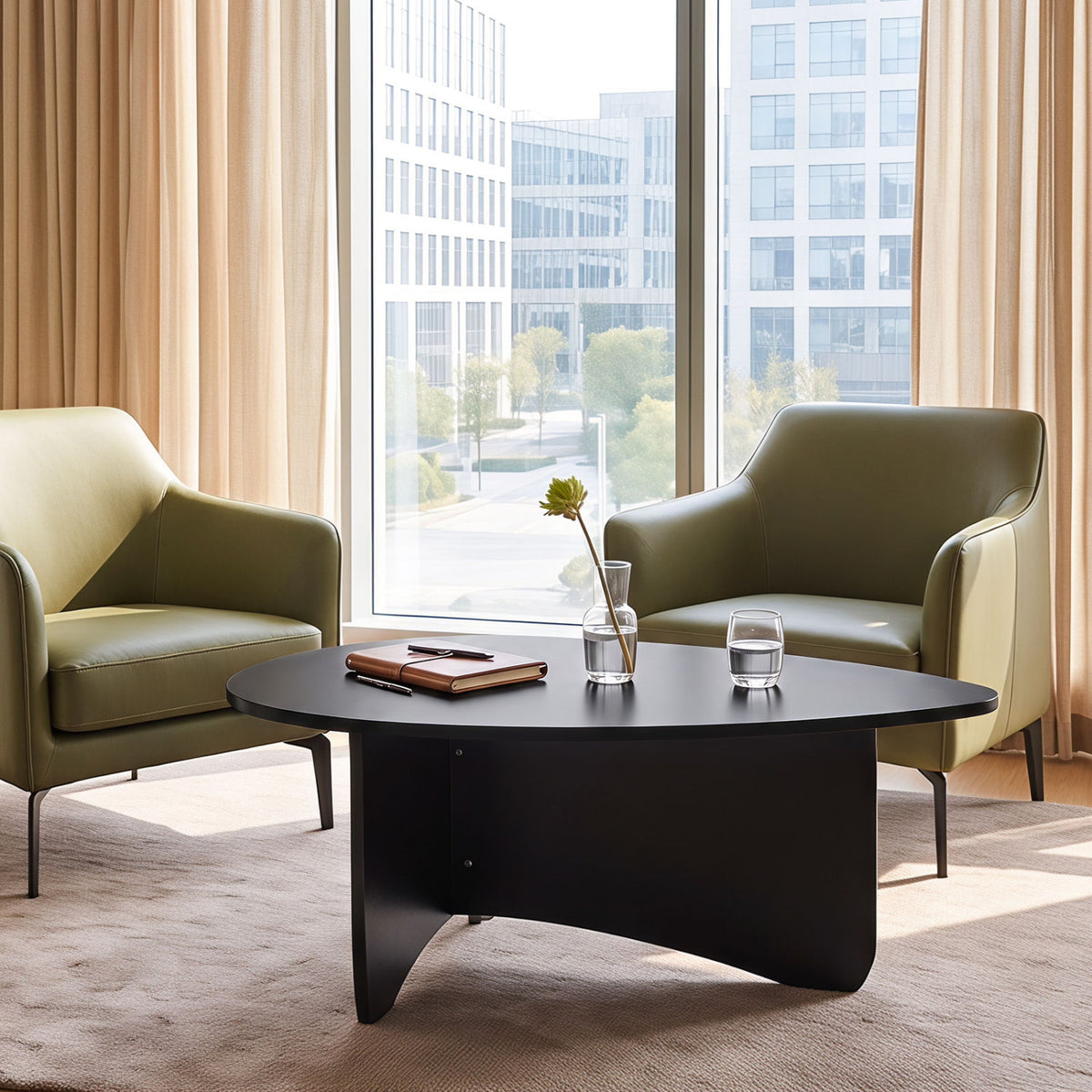 Oval Coffee Table Mid-Century Modern Accent Table, Black T Base