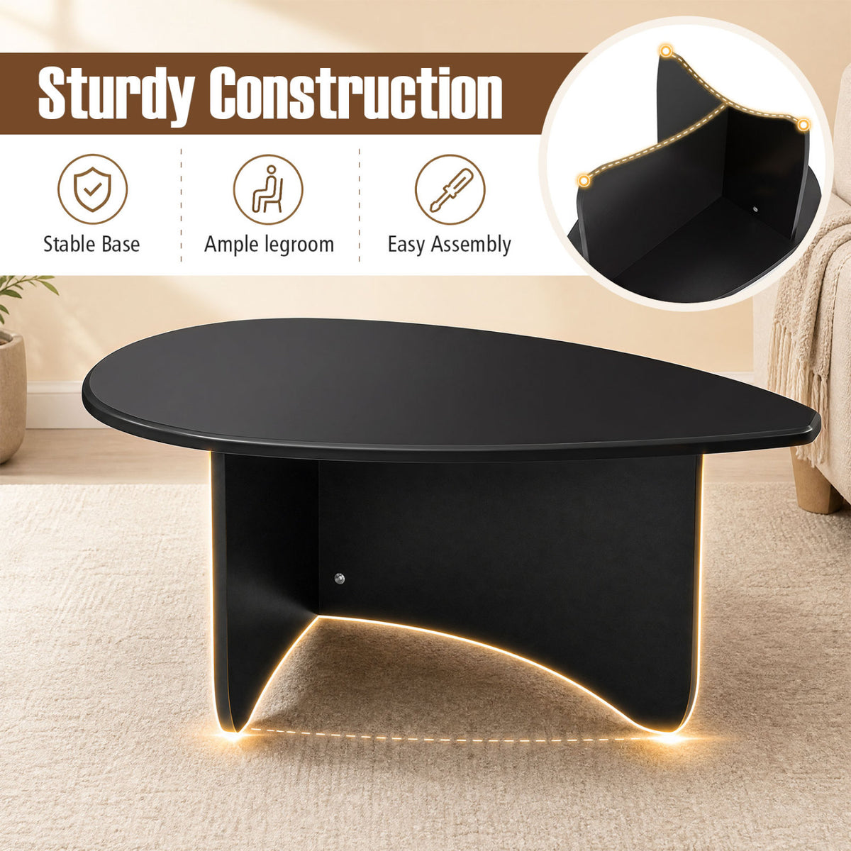 Oval Coffee Table Mid-Century Modern Accent Table, Black T Base
