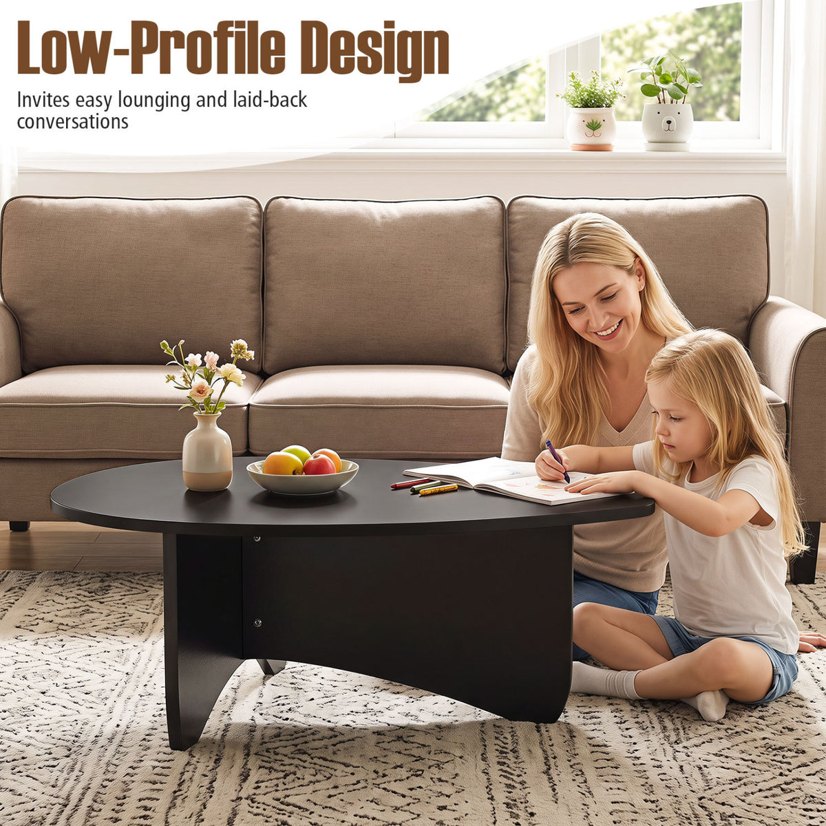 Oval Coffee Table Mid-Century Modern Accent Table, Black T Base