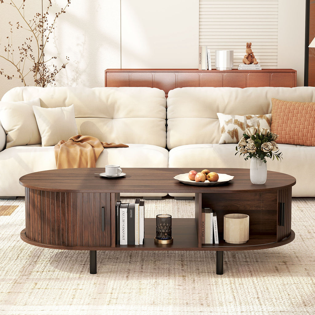 48" Mid Century Center Table with Sliding Fluted Doors - Walnut