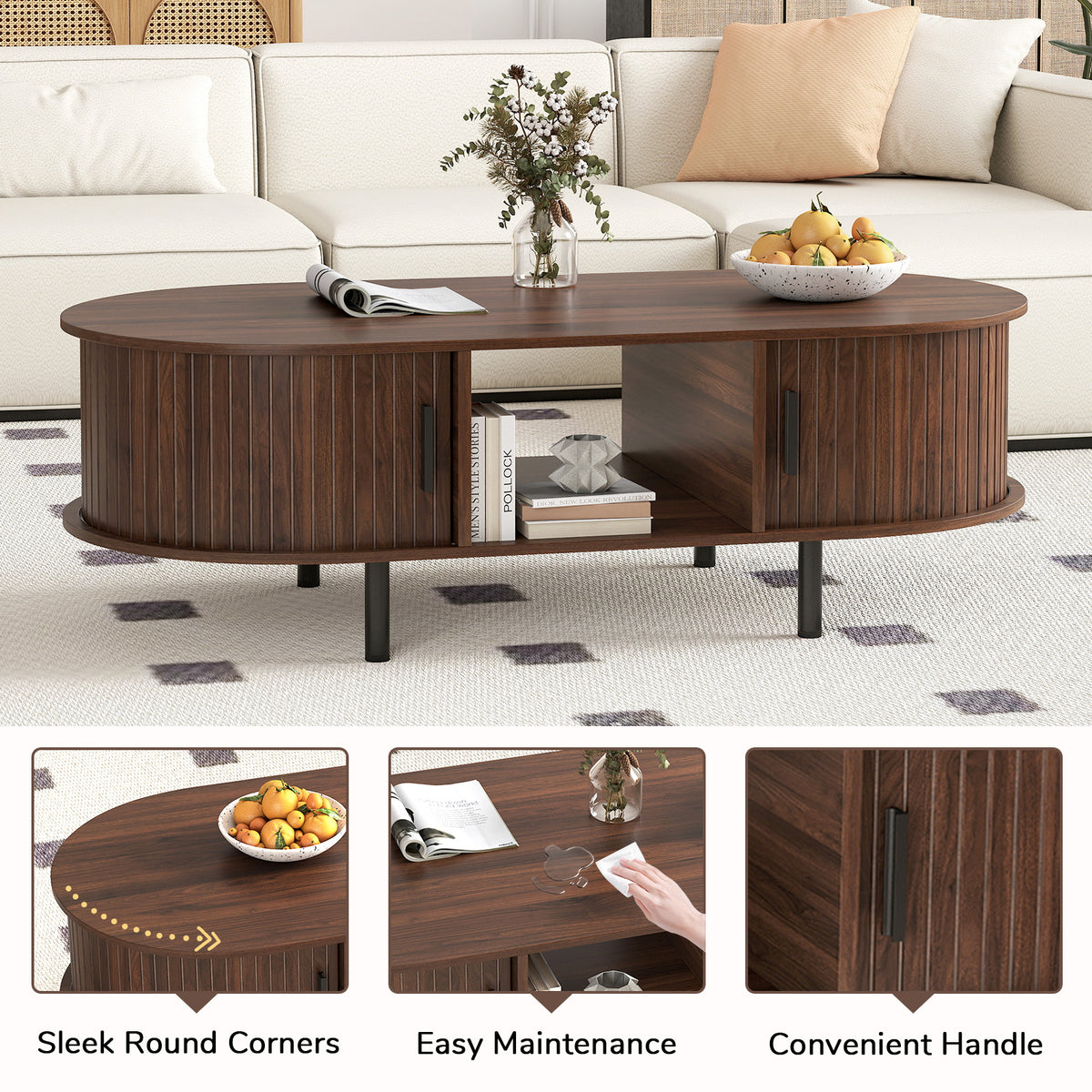 48" Mid Century Center Table with Sliding Fluted Doors - Walnut