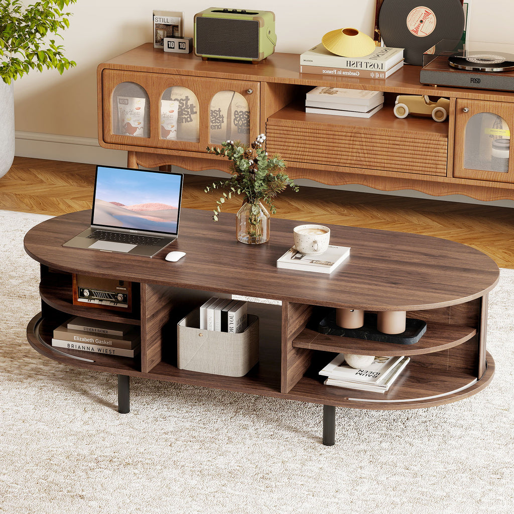 48" Mid Century Center Table with Sliding Fluted Doors - Walnut