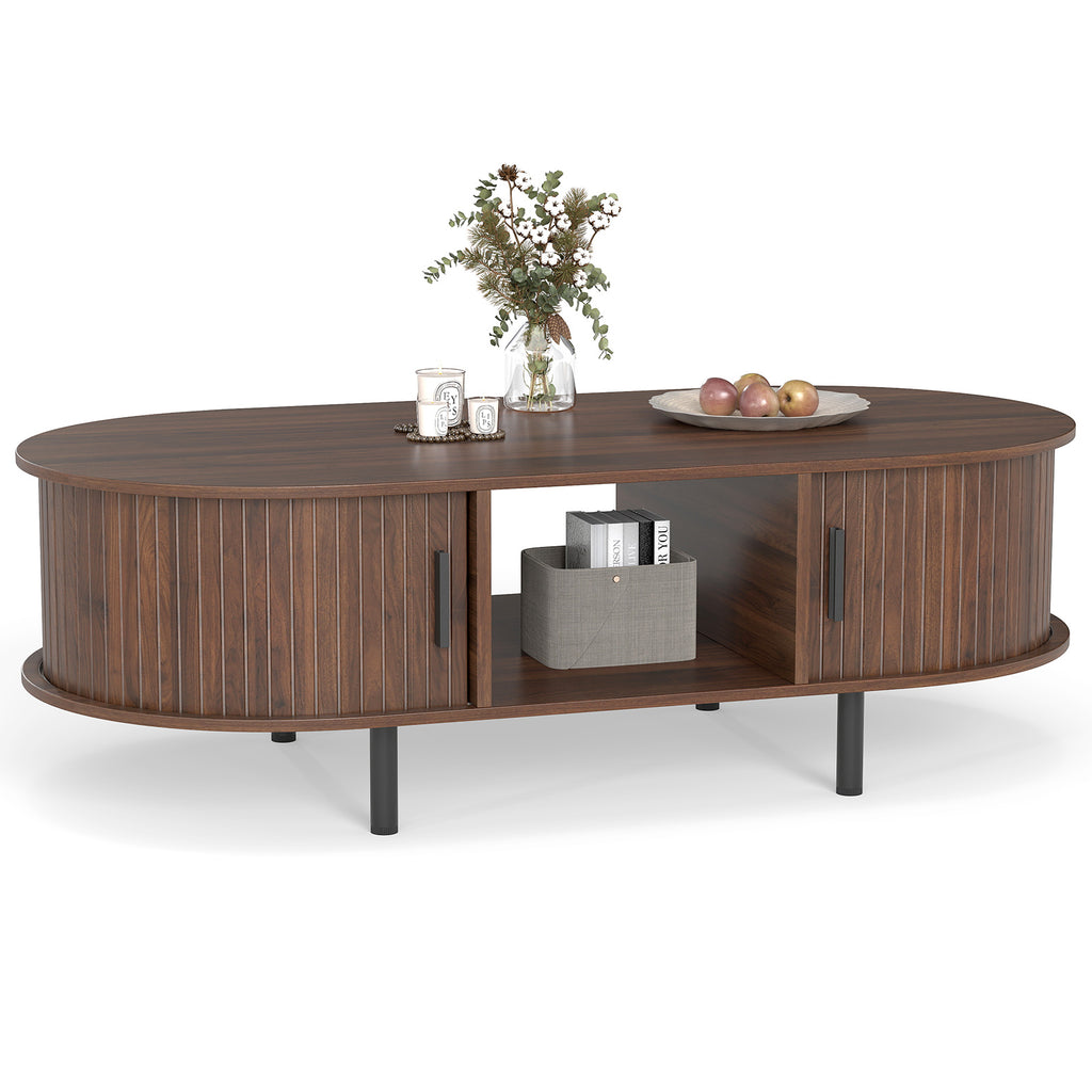 48" Mid Century Center Table with Sliding Fluted Doors - Walnut