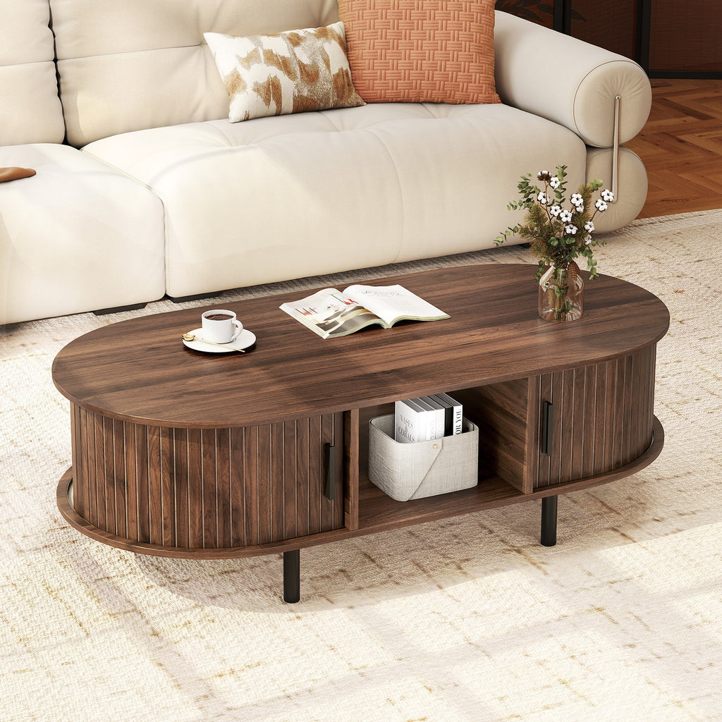 48" Mid Century Center Table with Sliding Fluted Doors - Walnut