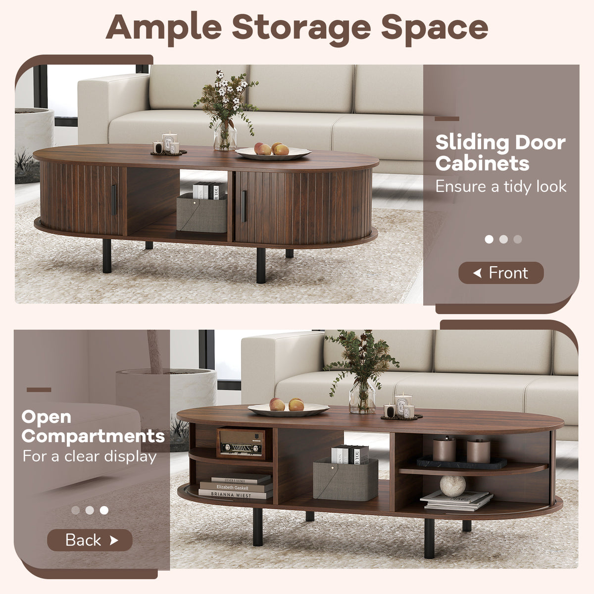 48" Mid Century Center Table with Sliding Fluted Doors - Walnut