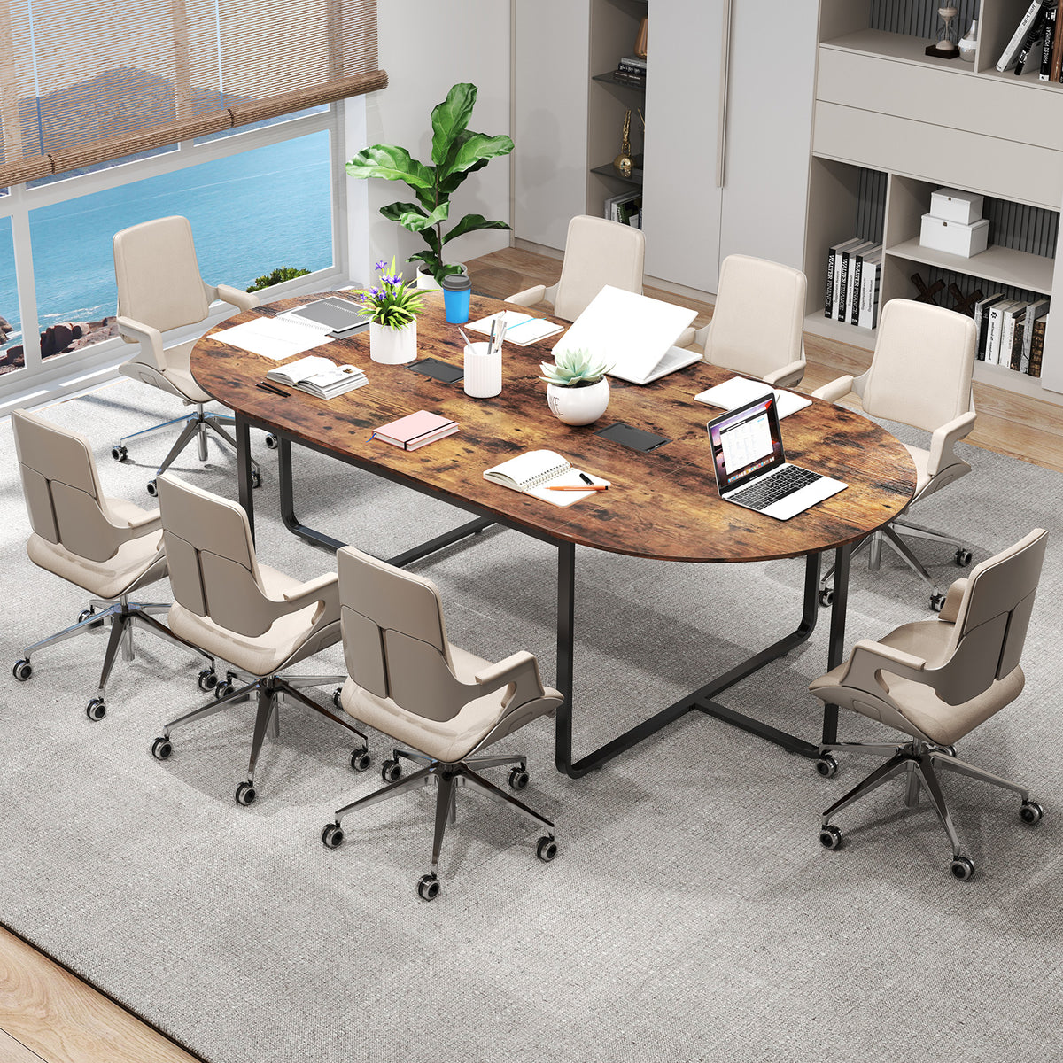 95-Inch Oval Conference Table with Dual Cable Holes - Rustic Brown