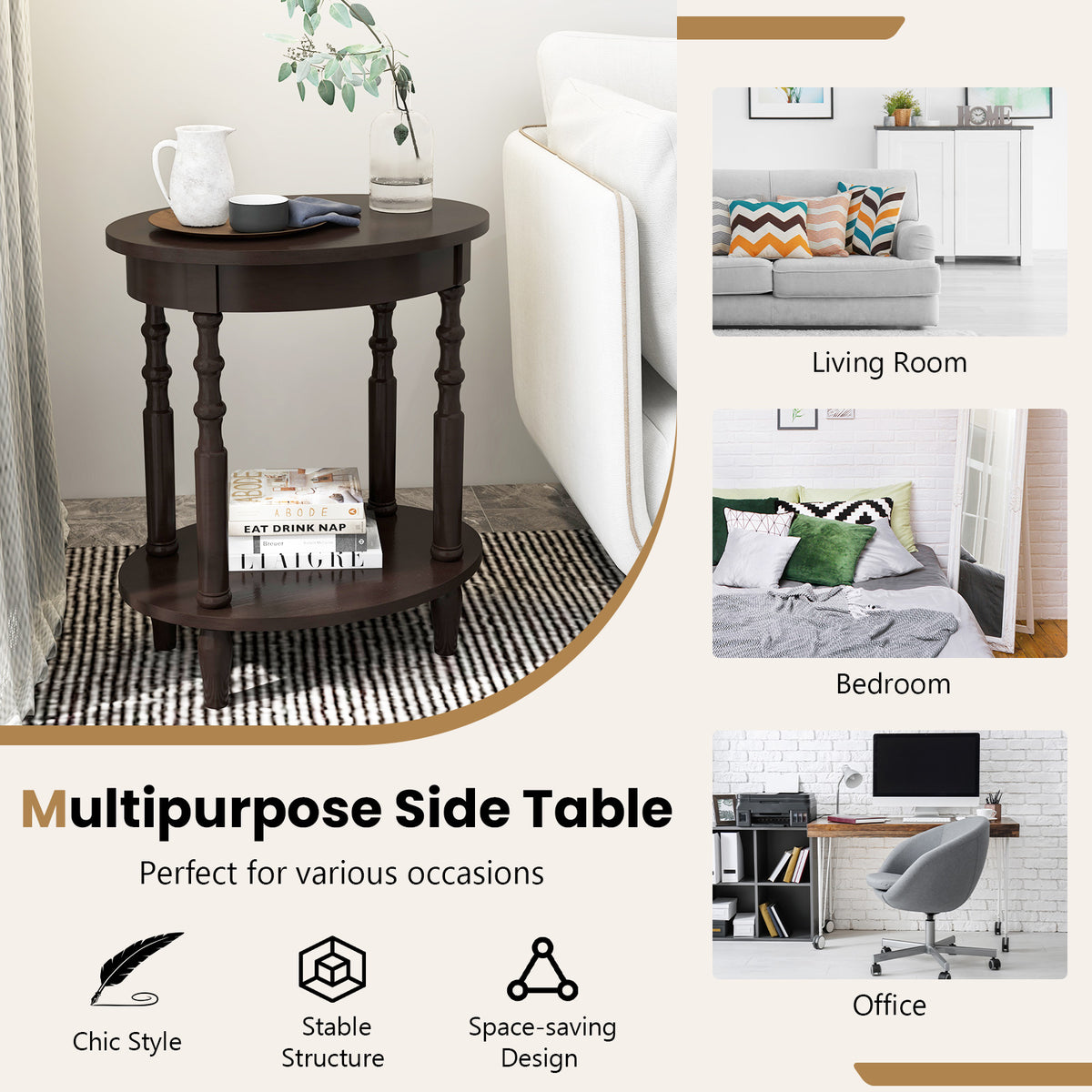2-Tier Oval Side Table with Storage, Espresso