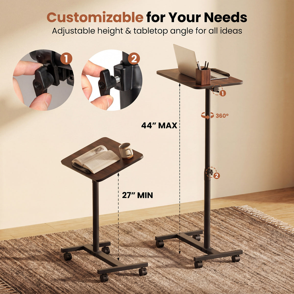 Overbed Rolling Table with Adjustable Height - Walnut