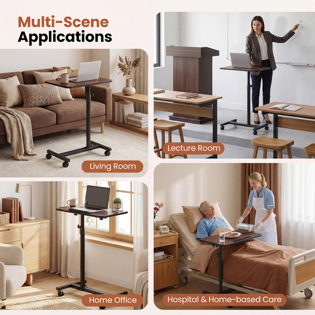 Overbed Rolling Table with Adjustable Height - Walnut