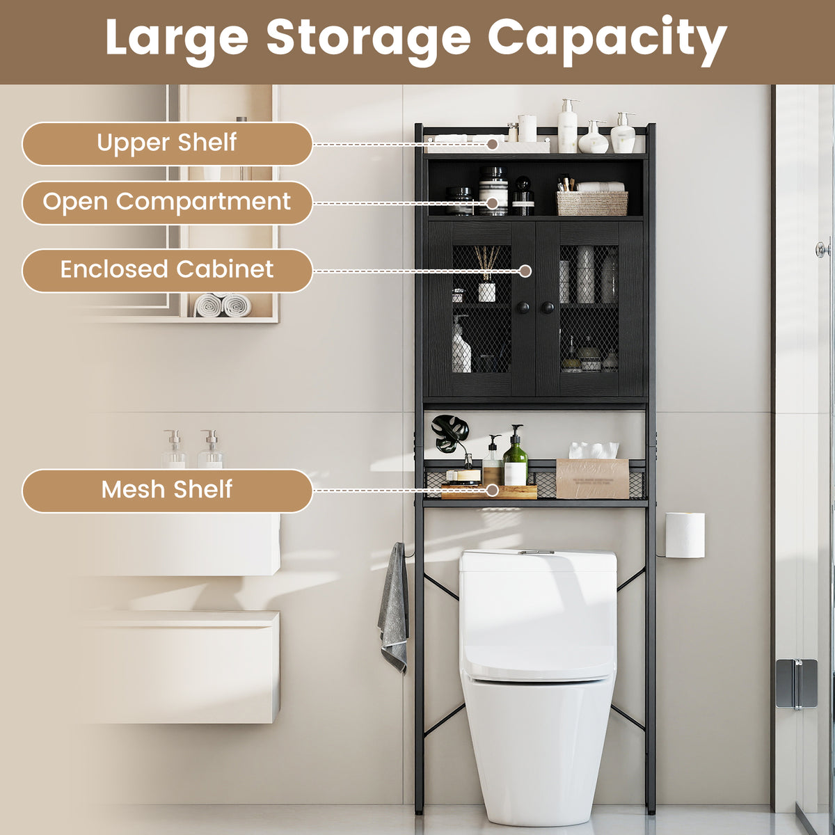 Over-The-Toilet Storage Cabinet with Heavy-Duty Metal Frame 2-door