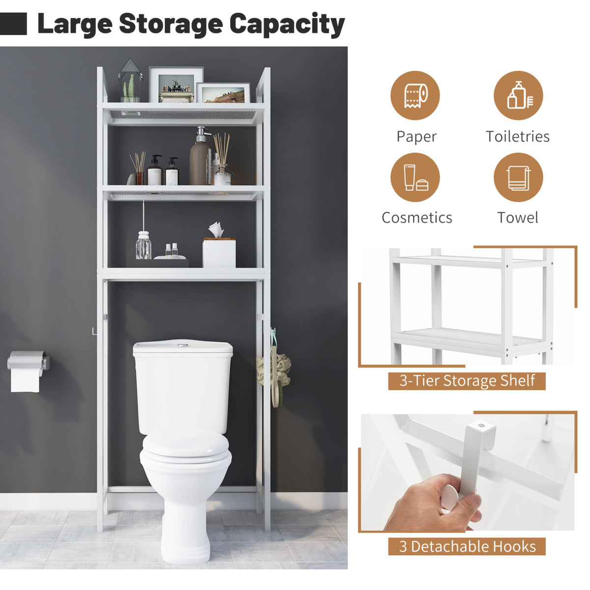 Over-The-Toilet Storage Shelf Organizer - 67-Inch, White