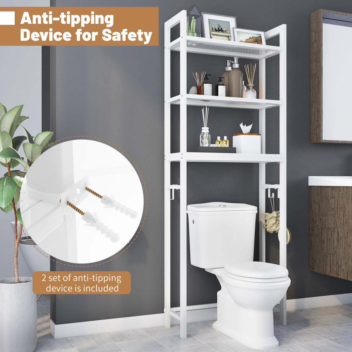 Over-The-Toilet Storage Shelf Organizer - 67-Inch, White