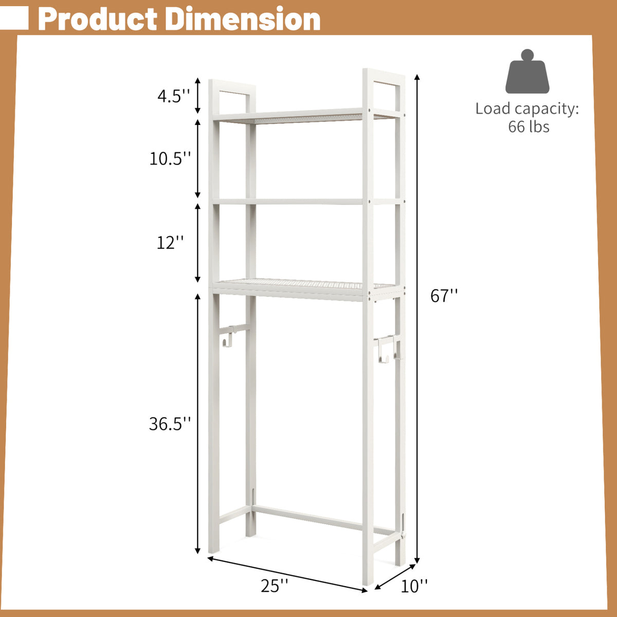 Over-The-Toilet Storage Shelf Organizer - 67-Inch, White