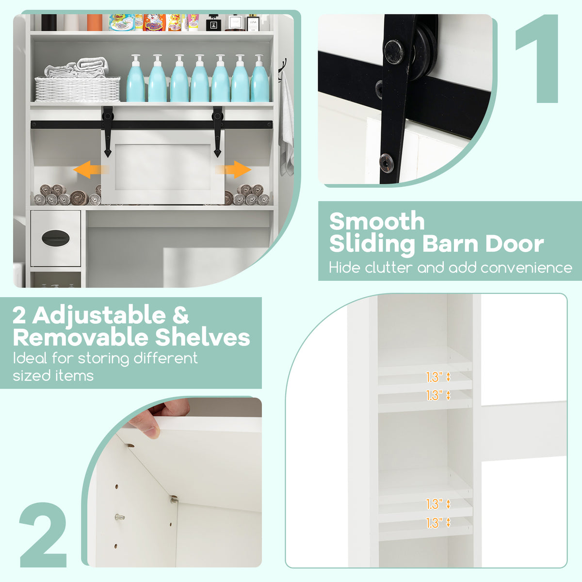 Over The Toilet Storage Cabinet with Sliding Barn Door and Adjustable