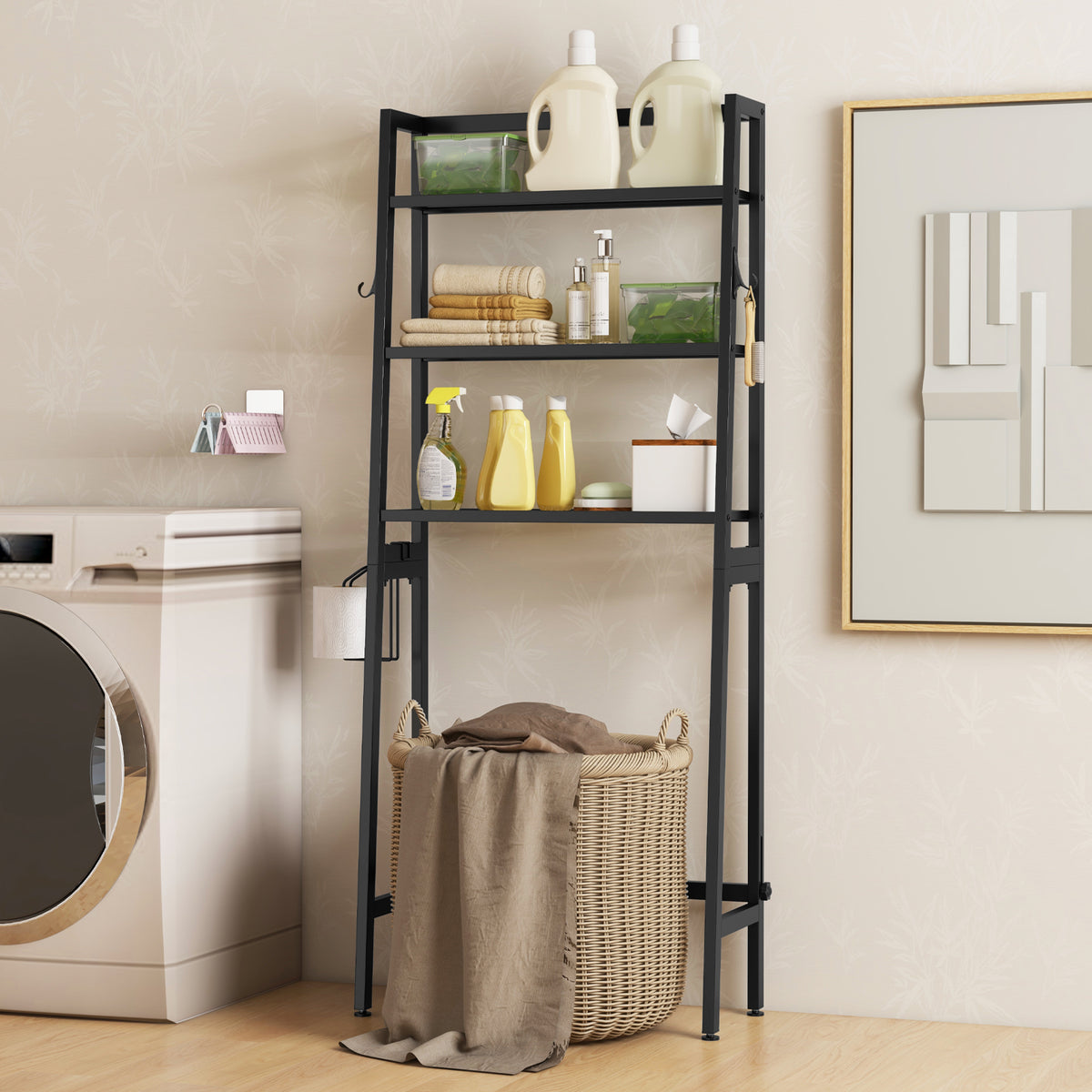 3-Tier Over Toilet Storage Shelf with Adjustable Bottom - Black
