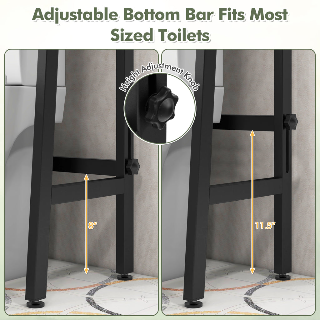3-Tier Over Toilet Storage Shelf with Adjustable Bottom - Black