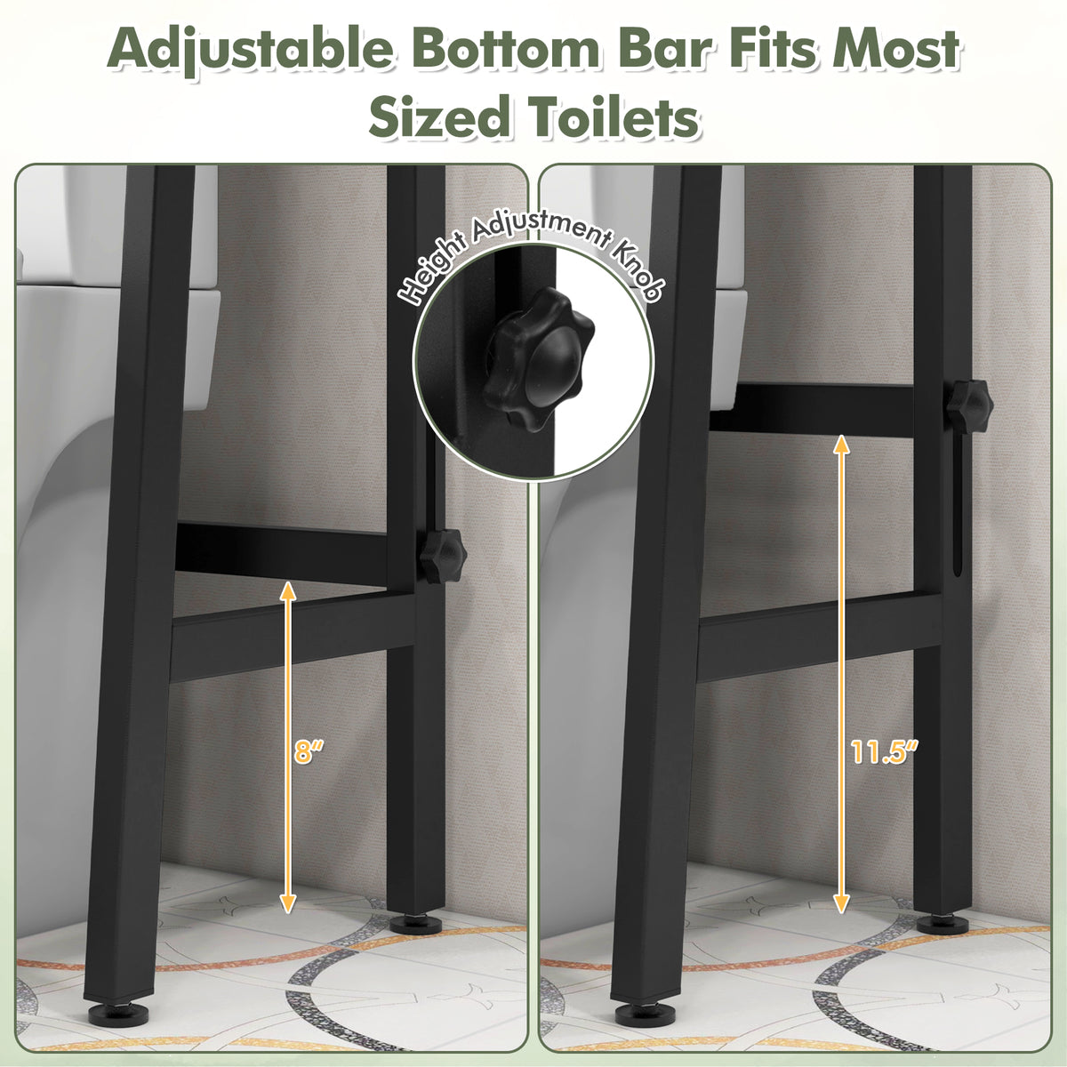3-Tier Over Toilet Storage Shelf with Adjustable Bottom - Black
