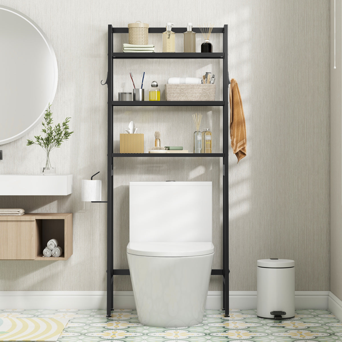 3-Tier Over Toilet Storage Shelf with Adjustable Bottom - Black