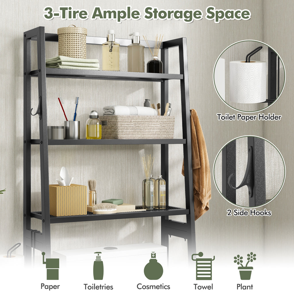 3-Tier Over Toilet Storage Shelf with Adjustable Bottom - Black