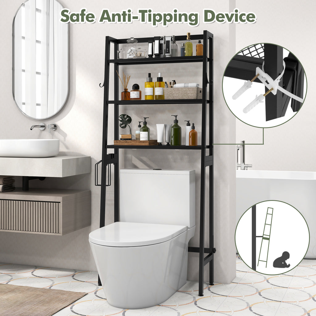 3-Tier Over Toilet Storage Shelf with Adjustable Bottom - Black