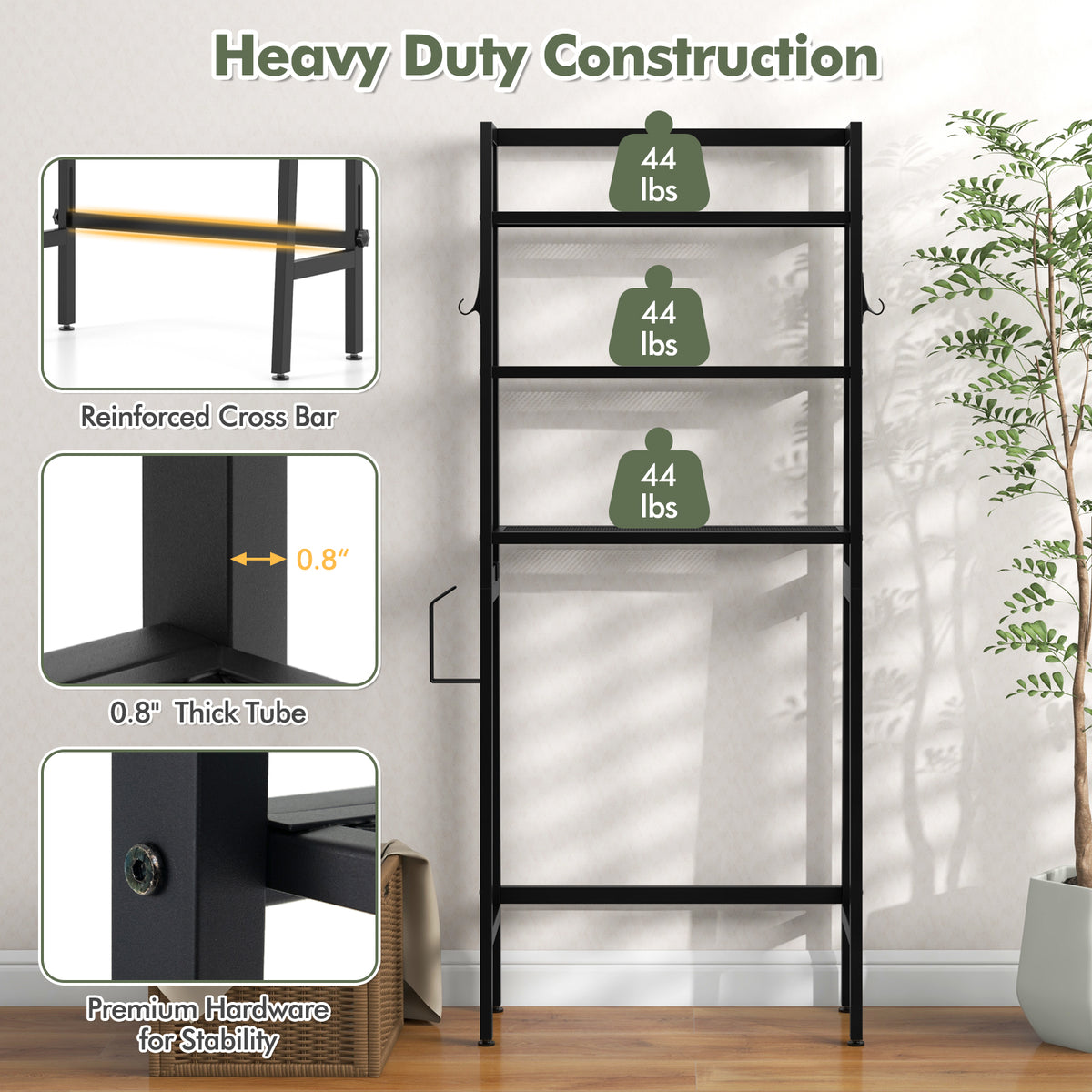 3-Tier Over Toilet Storage Shelf with Adjustable Bottom - Black