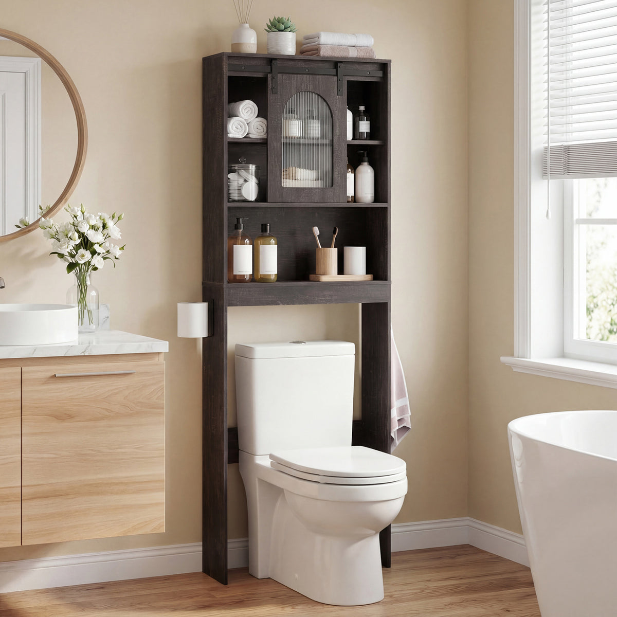 Over Toilet Storage Cabinet with Sliding Barn Door - 67 Inch, Oak
