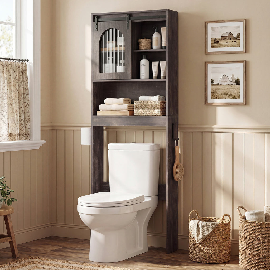 Over Toilet Storage Cabinet with Sliding Barn Door - 67 Inch, Oak