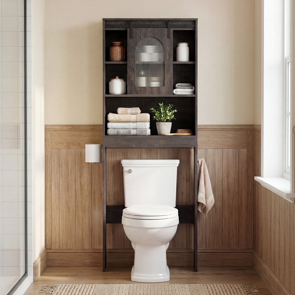 Over Toilet Storage Cabinet with Sliding Barn Door - 67 Inch, Oak