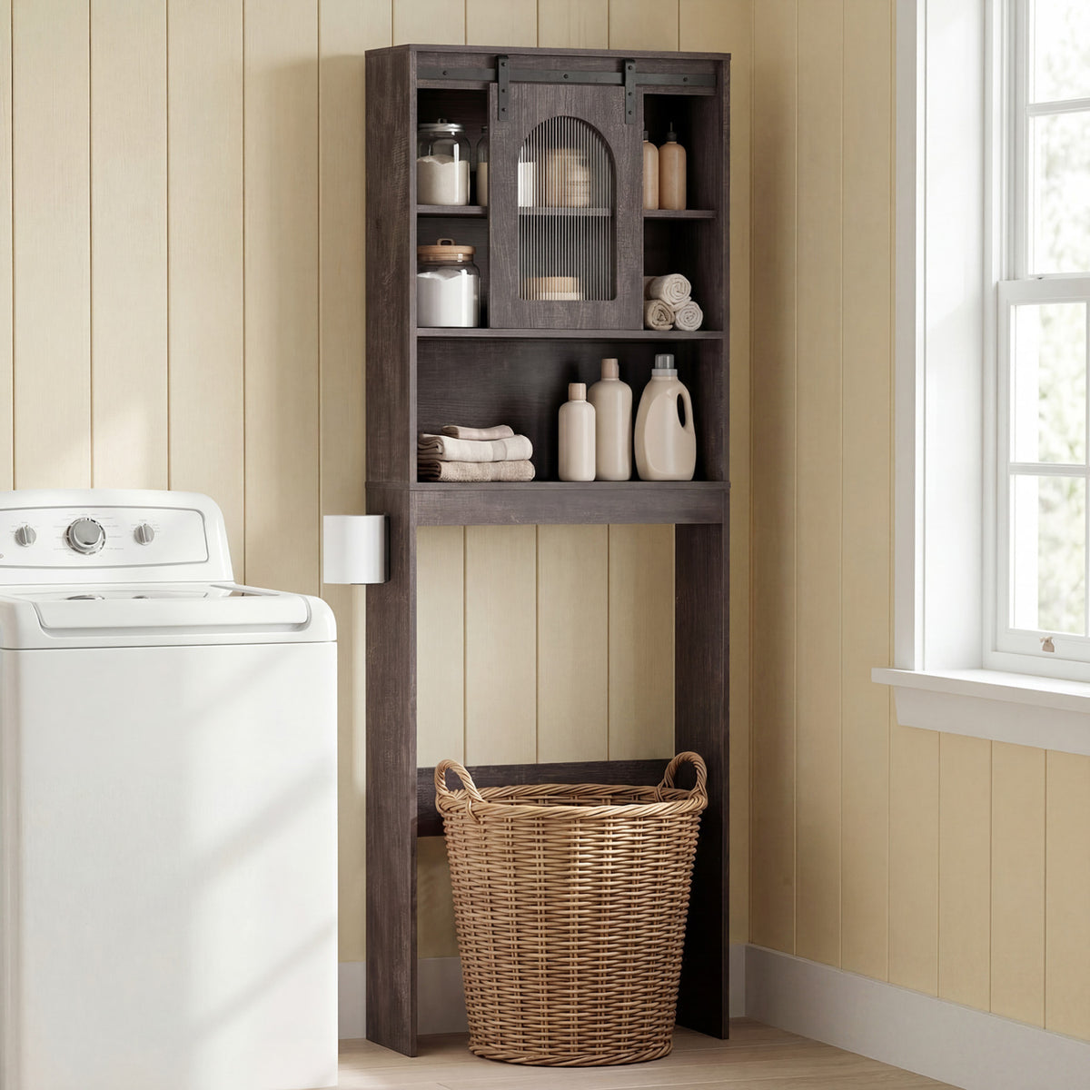 Over Toilet Storage Cabinet with Sliding Barn Door - 67 Inch, Oak