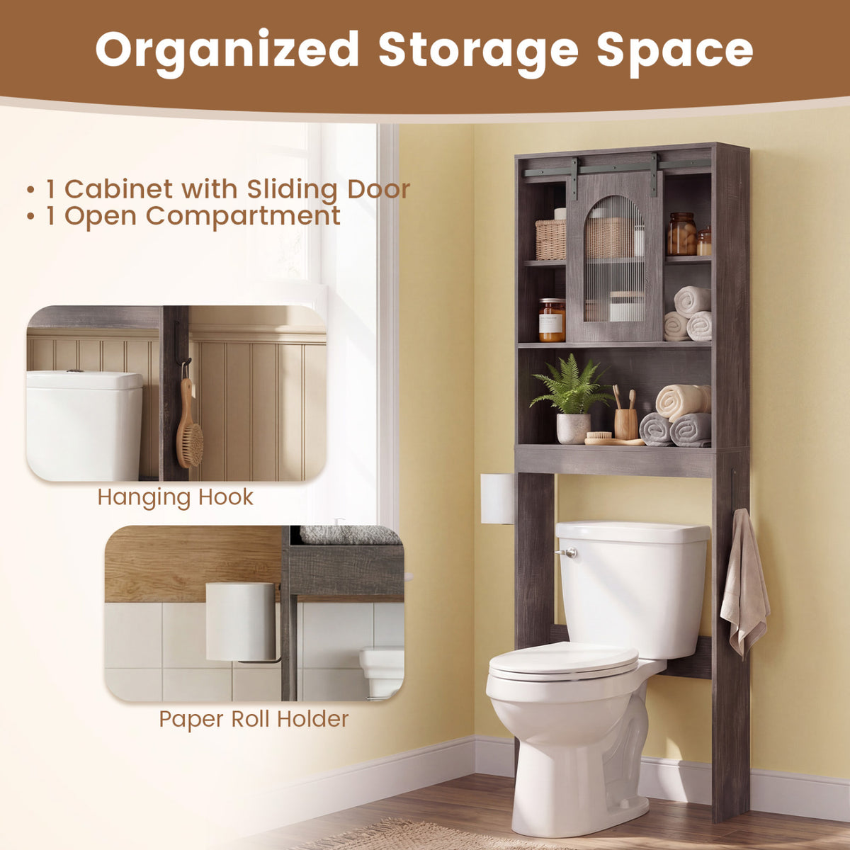 Over Toilet Storage Cabinet with Sliding Barn Door - 67 Inch, Oak
