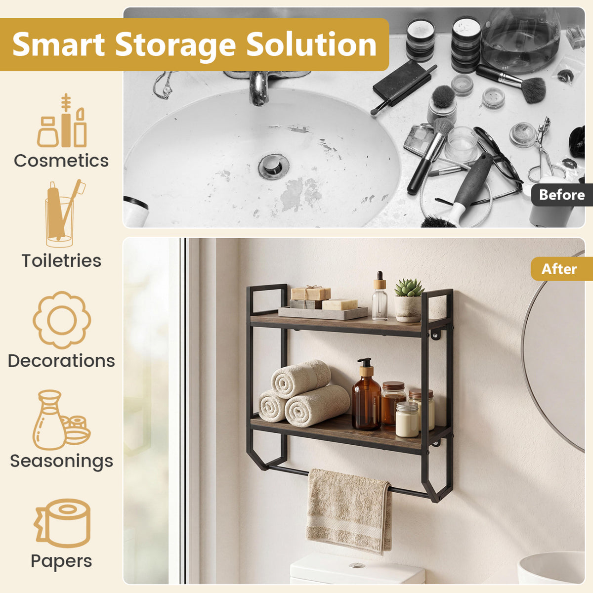 Over the Toilet Shelf Wall Mounted for Bathroom with Metal Frame