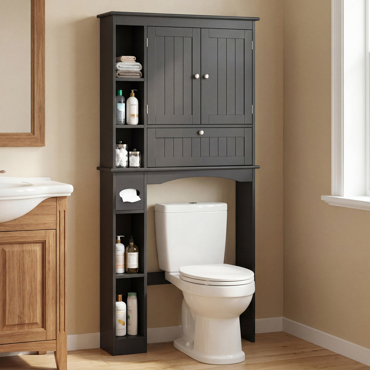 Over the Toilet Storage Cabinet with Adjustable Shelf and Bottom Bar