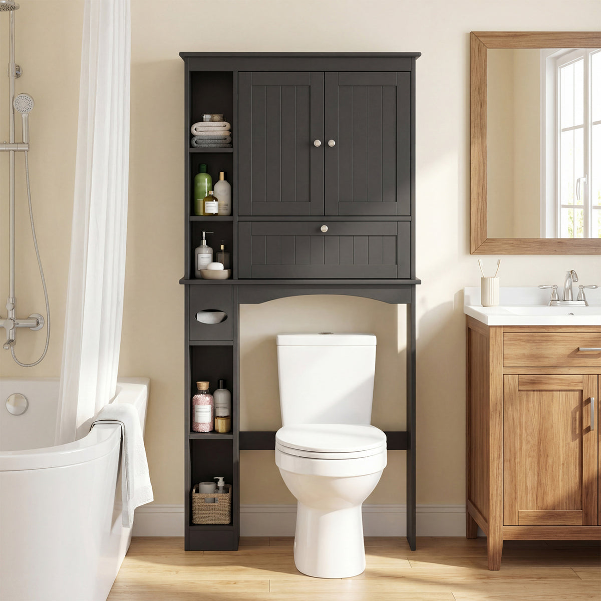Over the Toilet Storage Cabinet with Adjustable Shelf and Bottom Bar