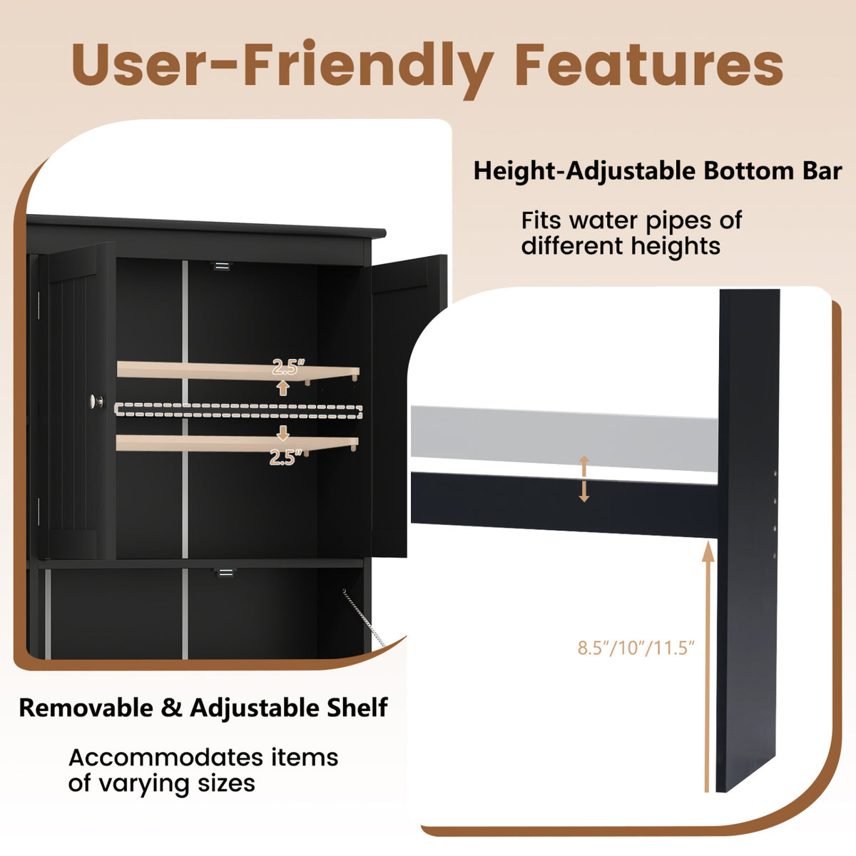 Over the Toilet Storage Cabinet with Adjustable Shelf and Bottom Bar
